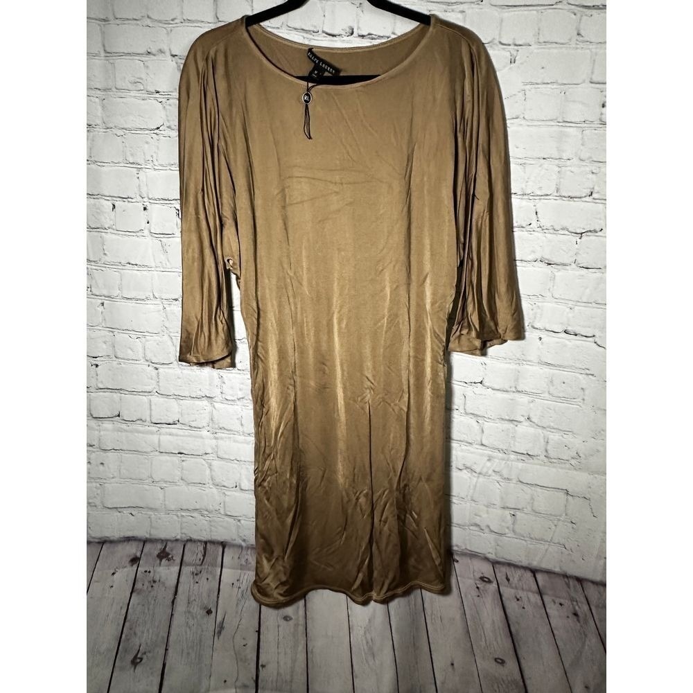 Ralph Lauren Bronze Gold Silk Blend Dolman Sleeve Shift Dress Womens Medium
